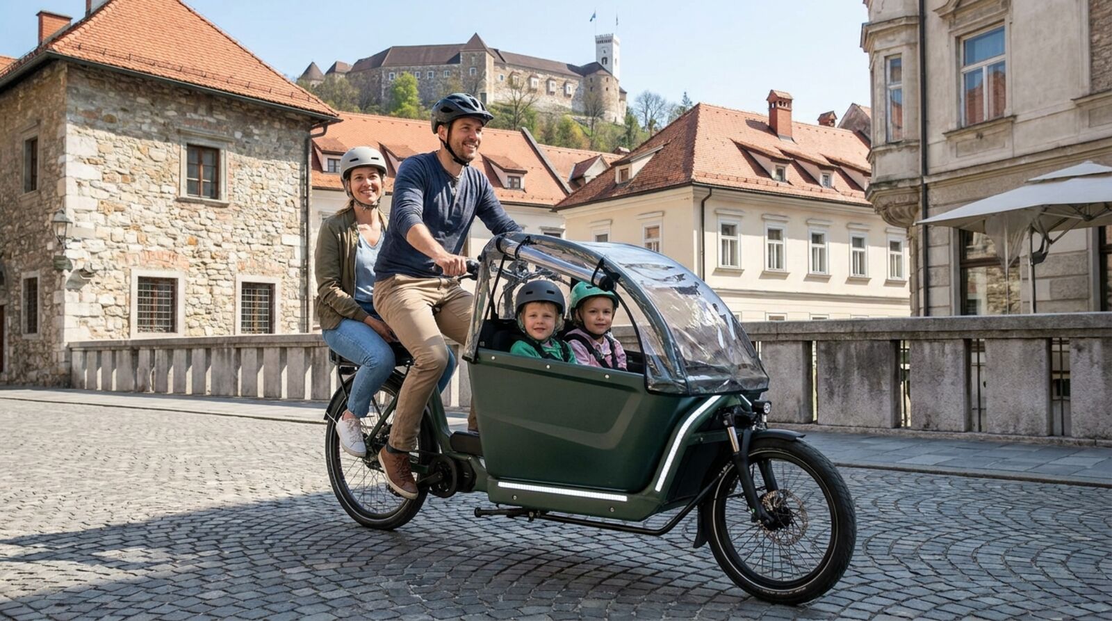 Družina z električnim cargo kolesom v slovenskem mestu — tovorno kolo nadomešča družinski avtomobil